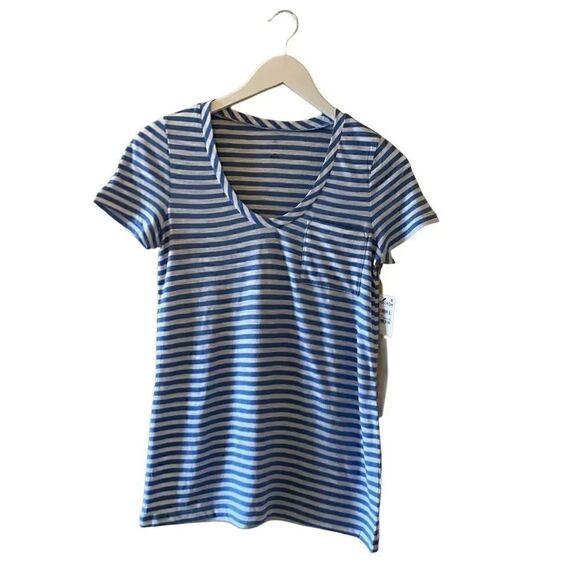 Caslon, Short Sleeve Corton Rounded V-Neck Tee, White-Blue Stripe Size XXS - Picture 2 of 14